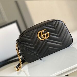 Gucci Black Chevron Crossbody Bag with Gold Accents